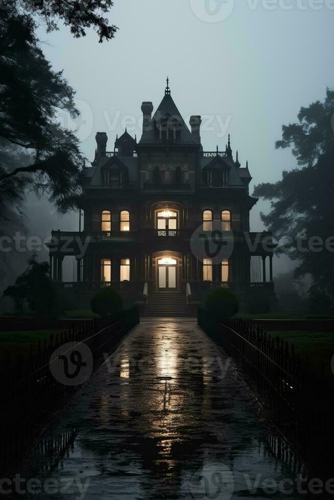 A spooky Victorian mansion with an eerie fog surrounding it background with empty space for text photo