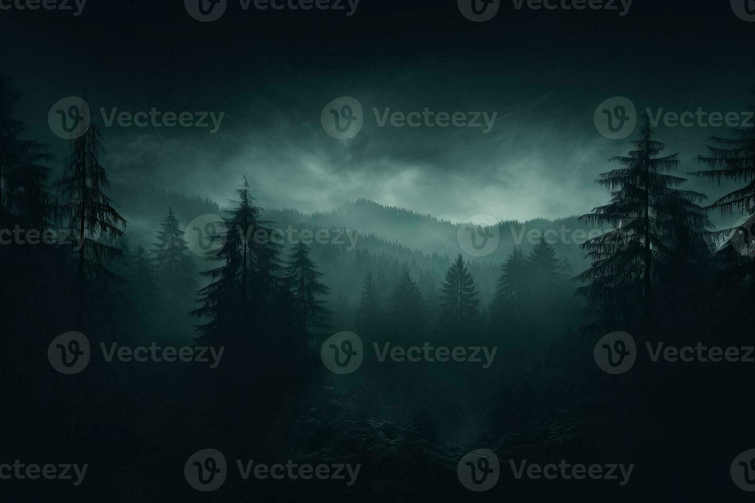 A misty forest with haunting trees shrouded in darkness background with empty space for text photo