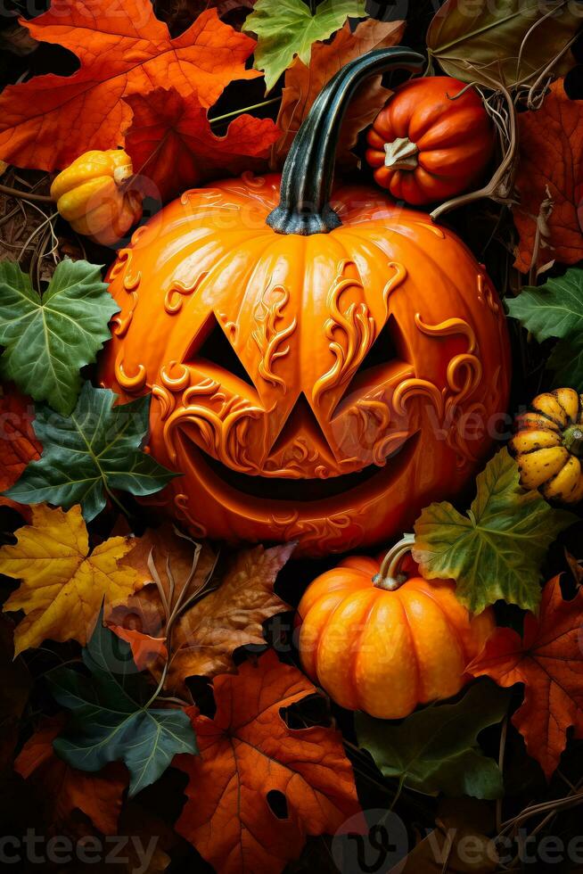 A vibrant orange pumpkin surrounded by whimsical autumn leaves representing the joy and enchantment of harvest celebrations photo