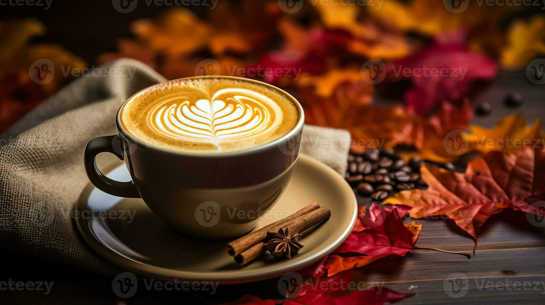 un calentar taza de calabaza especia latté rodeado por vistoso otoño hojas y un acogedor cobija foto