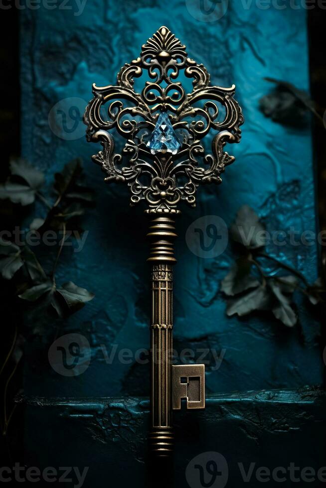 A vintage key with a ghostly aura symbolizing the entryway to mysterious haunted houses during October photo