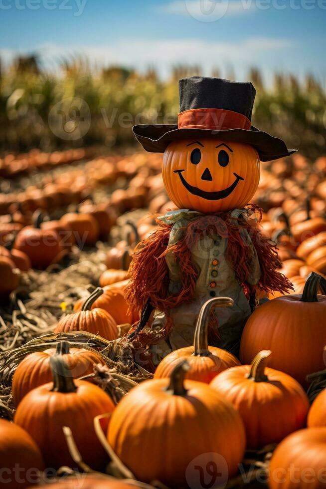 A rustic pumpkin patch adorned with vibrant orange pumpkins and a charming scarecrow welcomes visitors to an autumn celebration photo