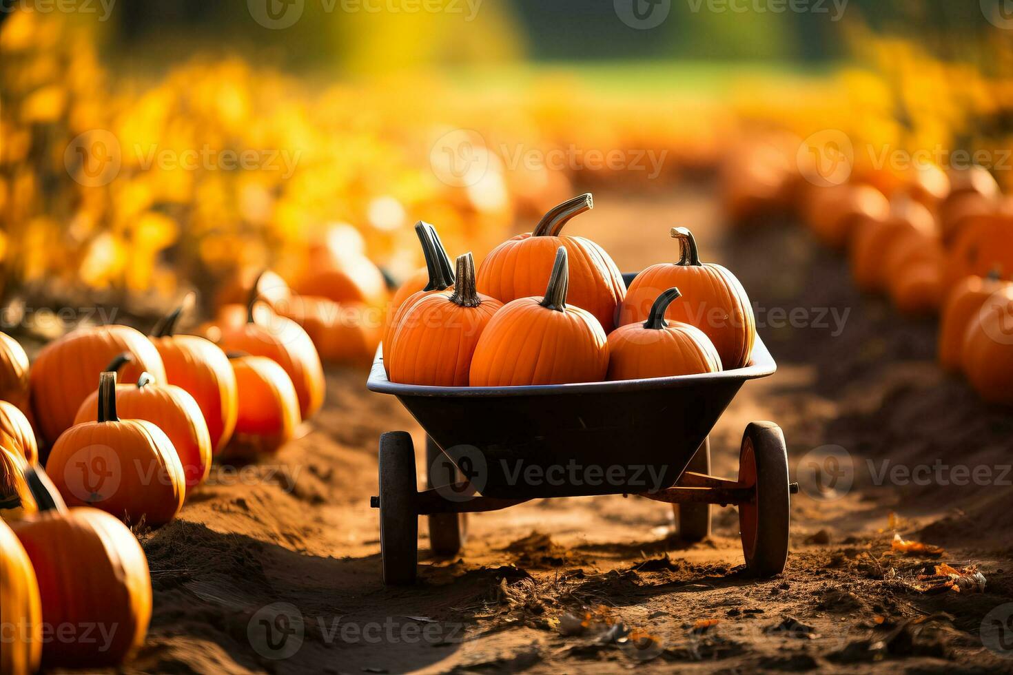 A scenic pumpkin patch with a wheelbarrow filled with colorful pumpkins background with empty space for text photo