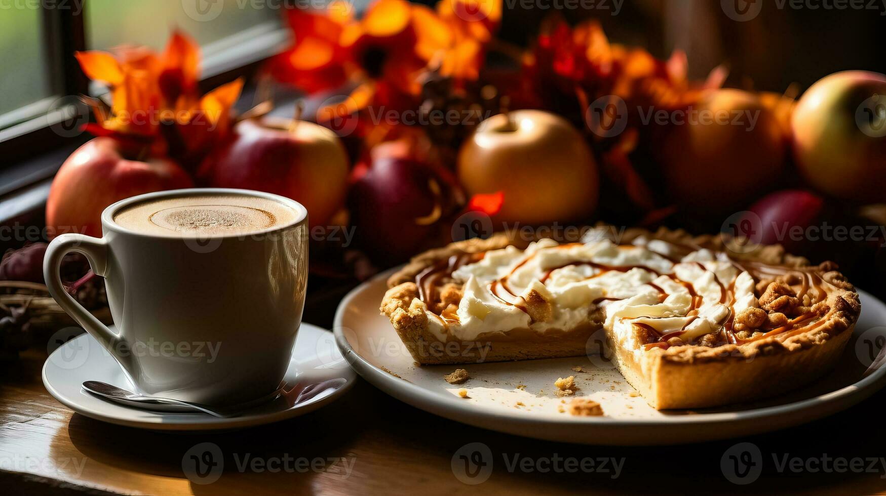 aromático humeante calabaza latté y un plato de delicioso caramelizado manzana tarta en un acogedor otoño-temática mesa foto