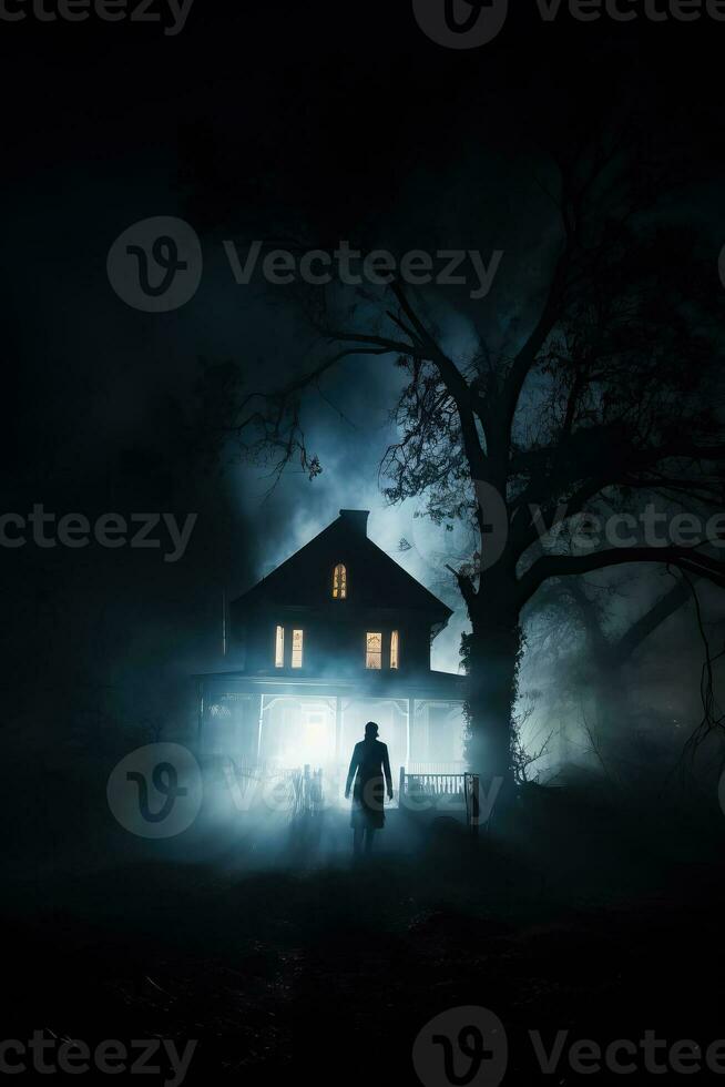 A mysterious silhouette of a haunted house engulfed in an eerie fog awaits brave souls on ghost tours photo