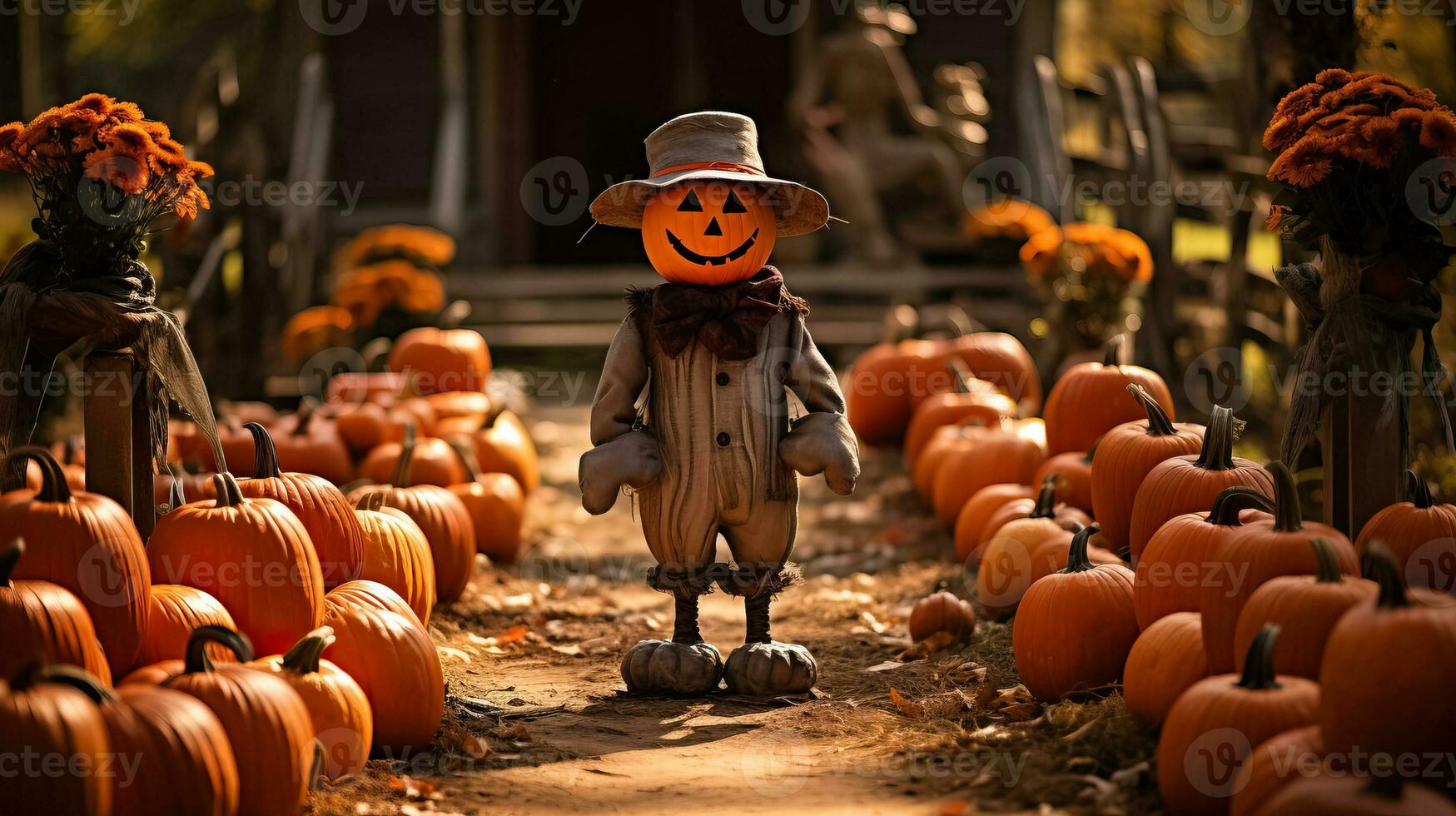 A rustic pumpkin patch adorned with vibrant orange pumpkins and a charming scarecrow welcomes visitors to an autumn celebration photo