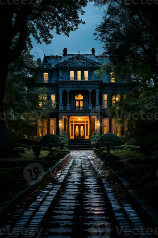 A spooky old mansion standing alone in the moonlight waiting to welcome thrill-seekers on haunted house and ghost tours photo