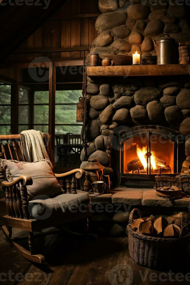 A peaceful scene of a rustic cabin with a crackling fireplace background with empty space for text photo