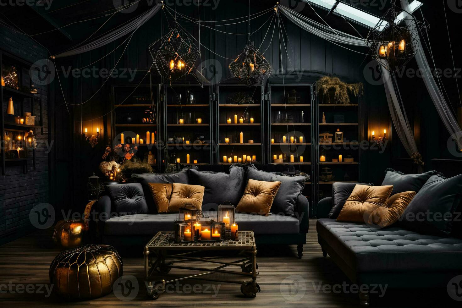 A spooky living room adorned with spiders cobwebs and eerie lighting perfect for a Halloween movie night photo