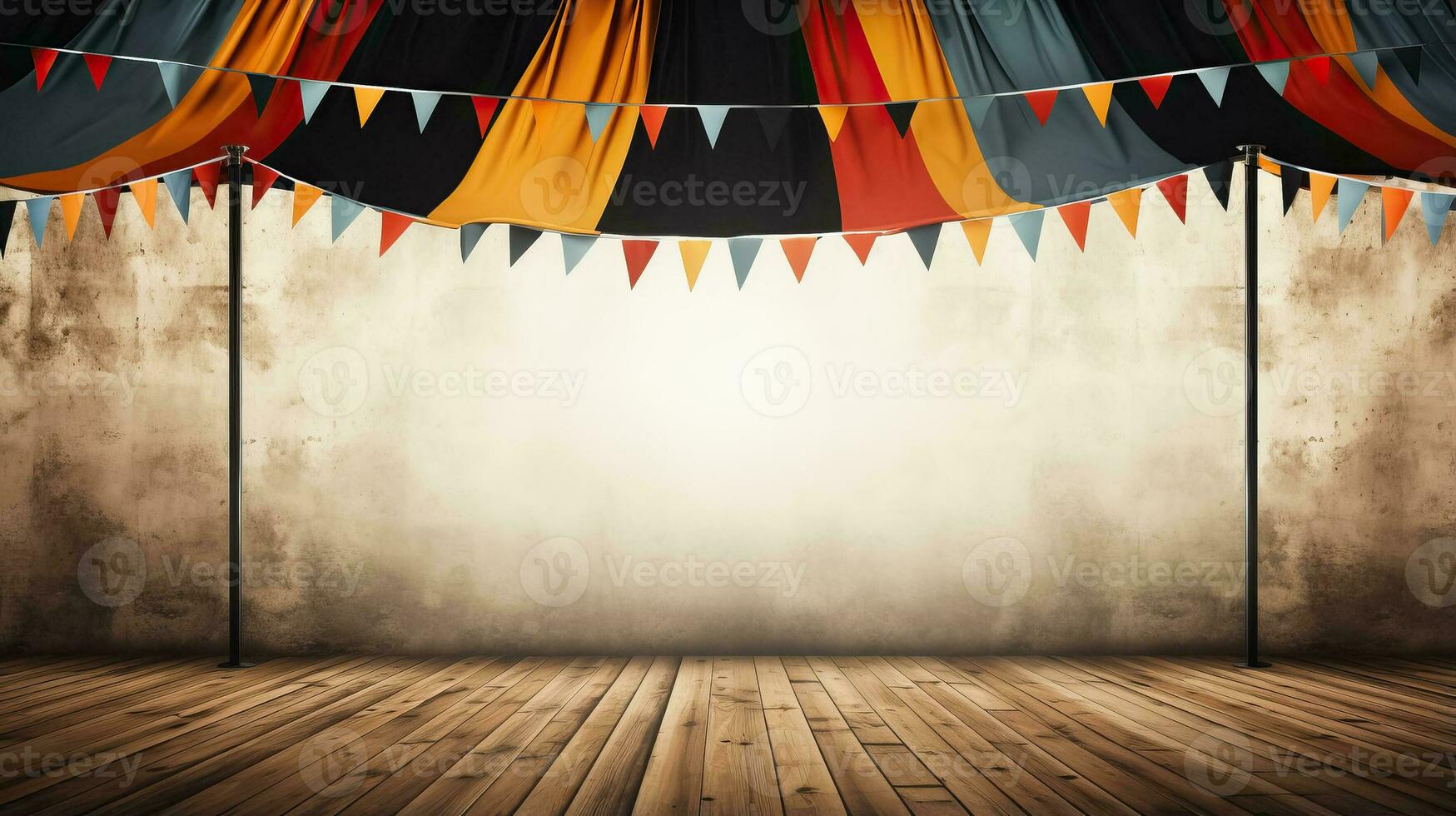 A festive Octoberfest beer tent decorated with German flags background with empty space for text photo