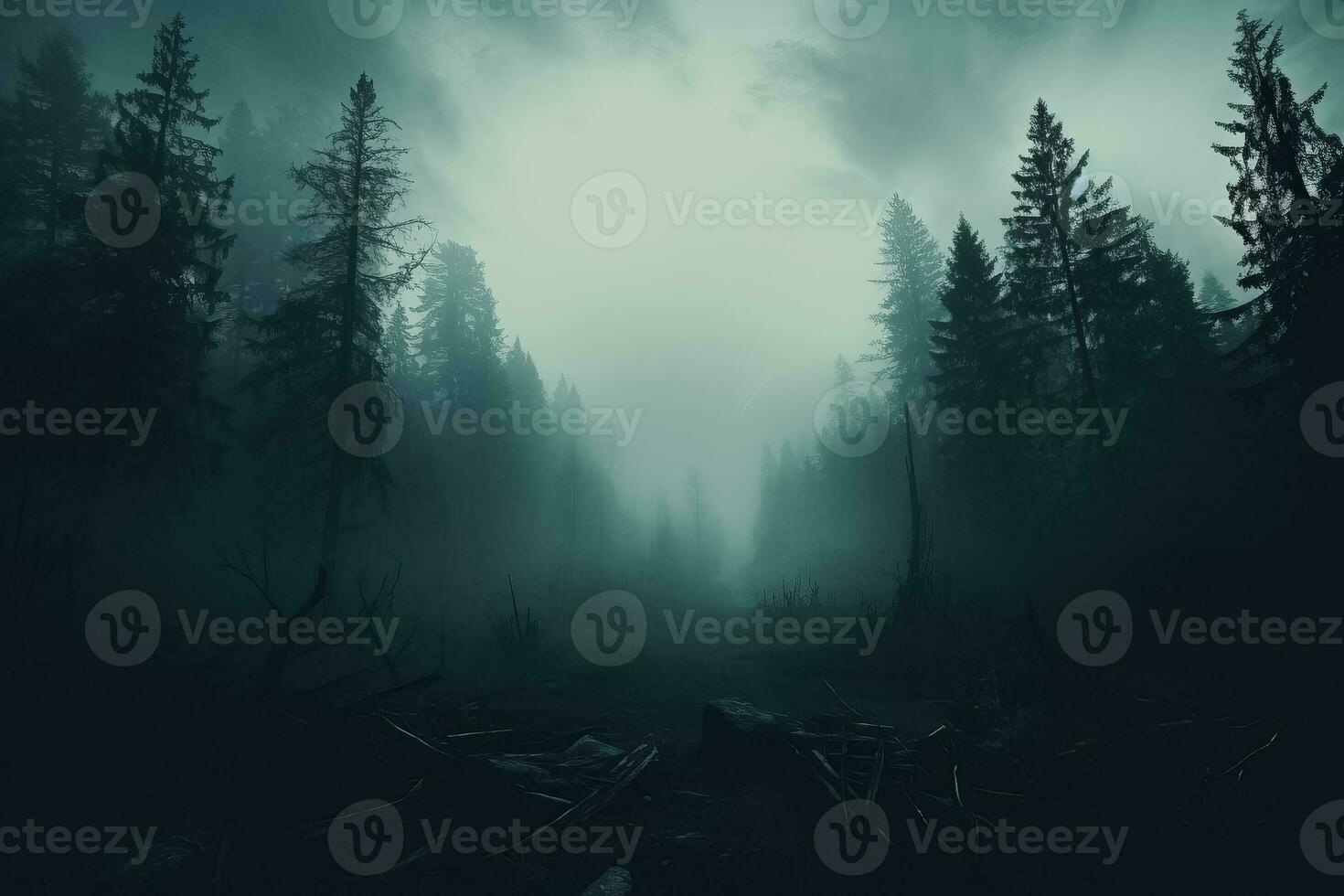 An eerie fog descends upon a dense forest creating a haunting atmosphere background with empty space for text photo