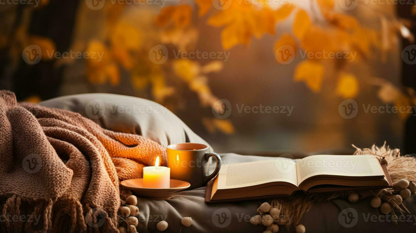 A cup of hot cocoa a knitted blanket and a stack of books waiting to be explored in a cozy autumn nook photo