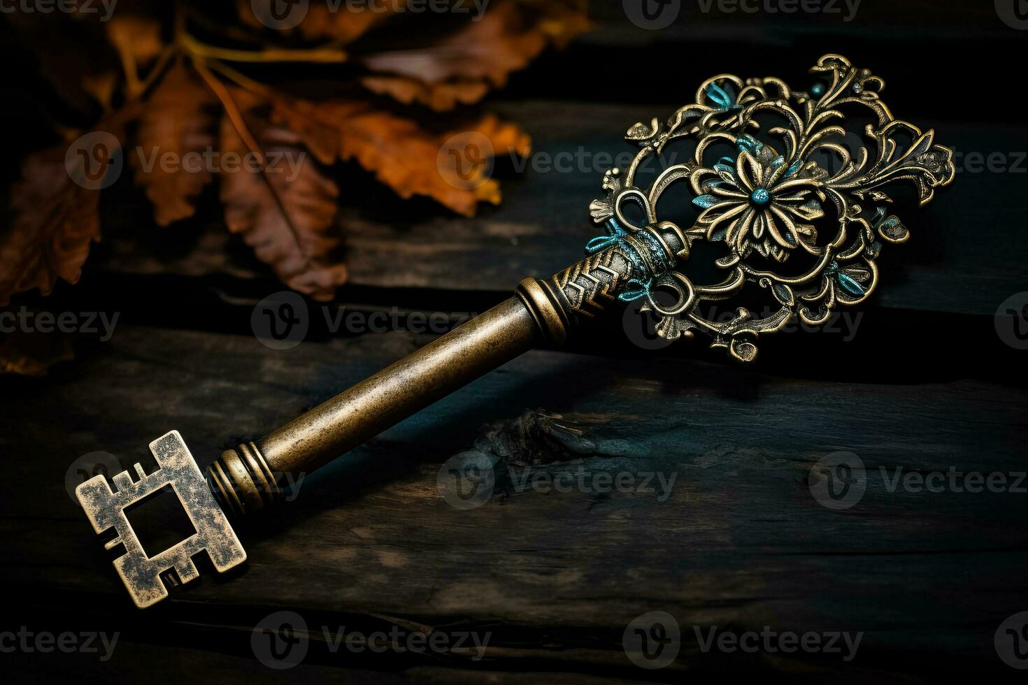 A vintage key with a ghostly aura symbolizing the entryway to mysterious haunted houses during October photo