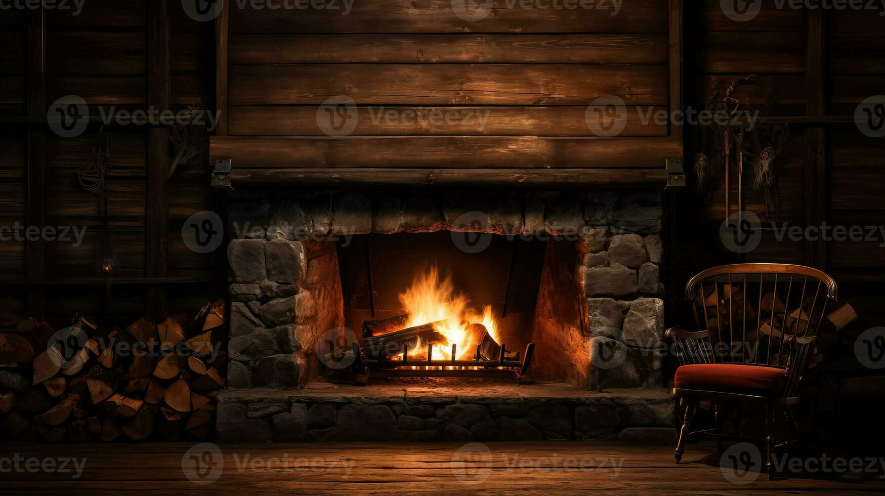 A peaceful scene of a rustic cabin with a crackling fireplace background with empty space for text photo