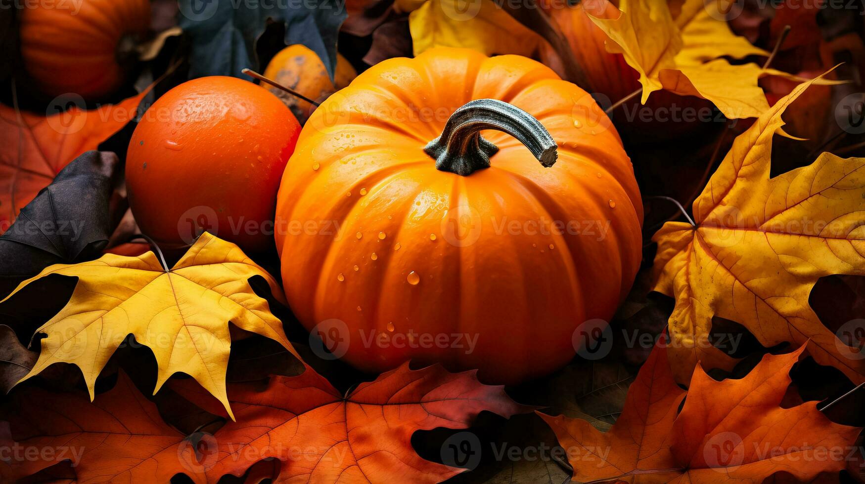 A close-up of a vibrant orange pumpkin surrounded by colorful fallen leaves symbolizing the essence of autumn harvest photo