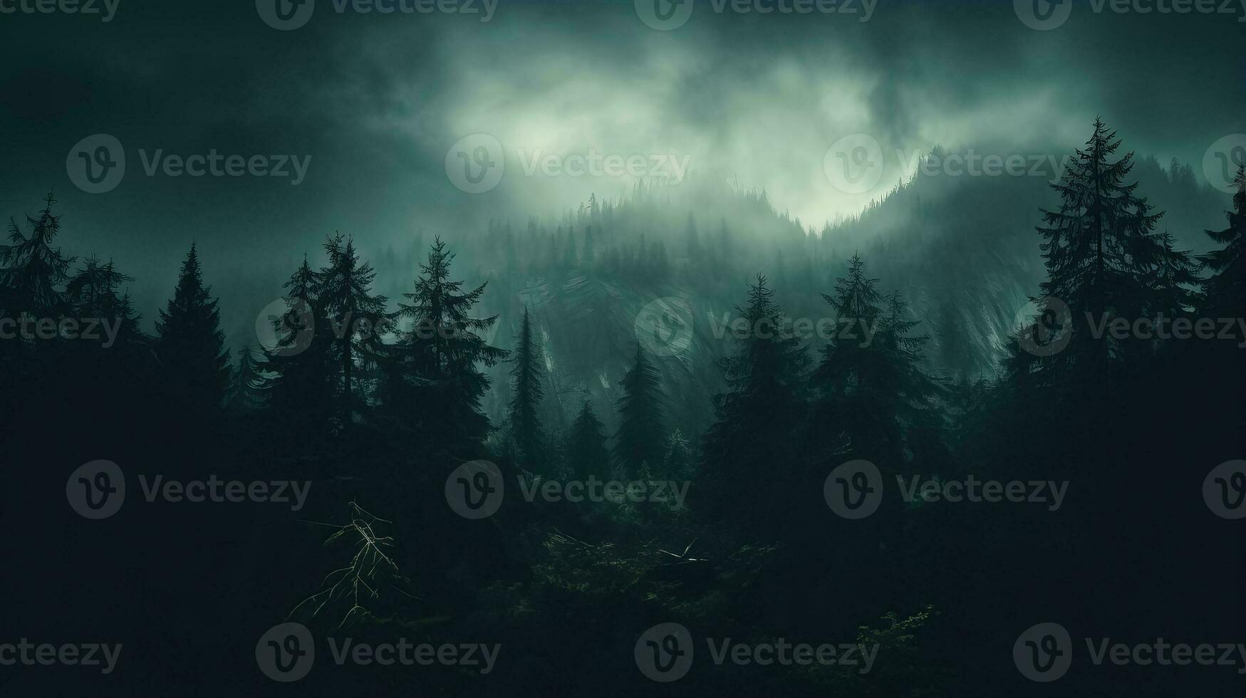 An eerie fog descends upon a dense forest creating a haunting atmosphere background with empty space for text photo