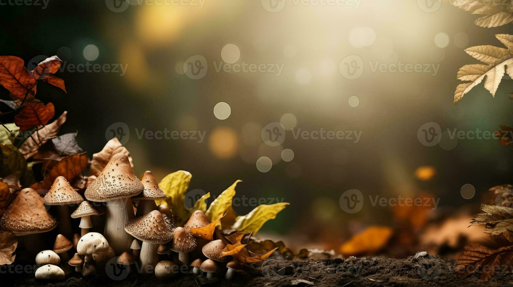 A cozy autumnal forest setting filled with fallen leaves and mushrooms background with empty space for text photo