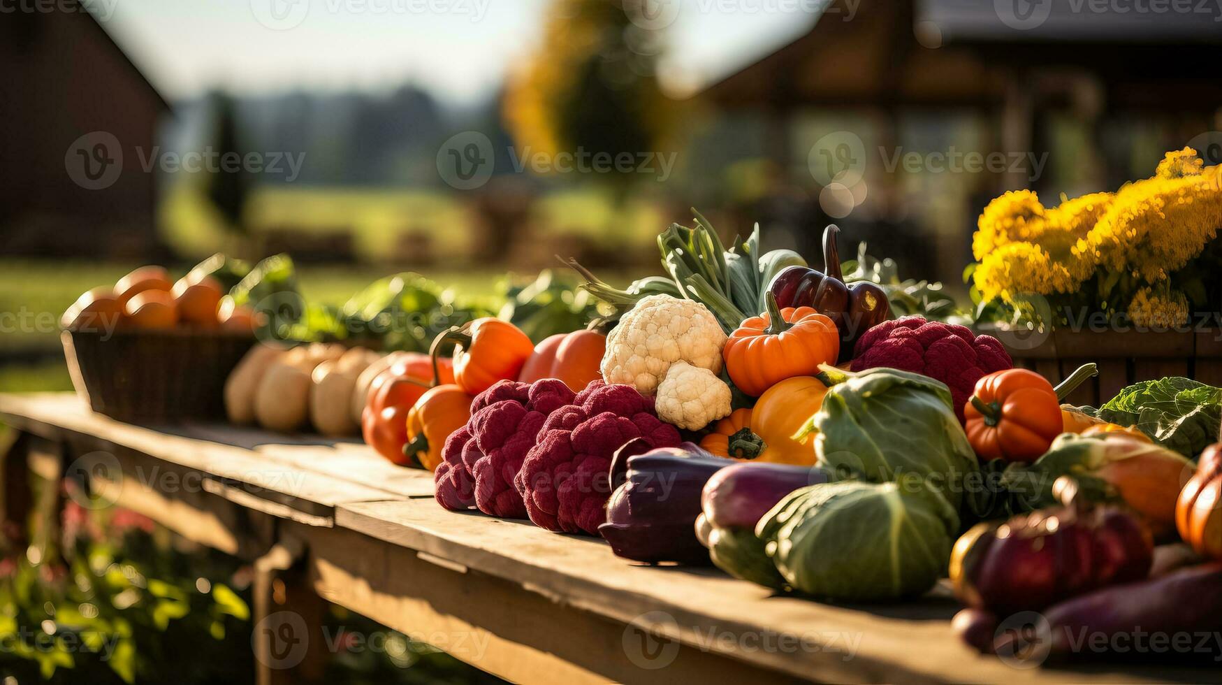 An inviting autumn farmers market showcasing a bountiful array of fresh produce with a backdrop perfect for adding informational text photo