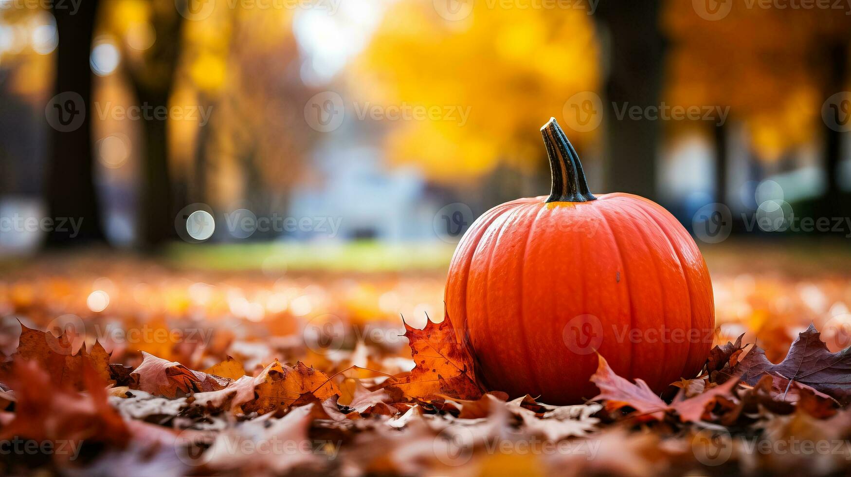 A close-up of a vibrant orange pumpkin surrounded by colorful fallen leaves symbolizing the essence of autumn harvest photo