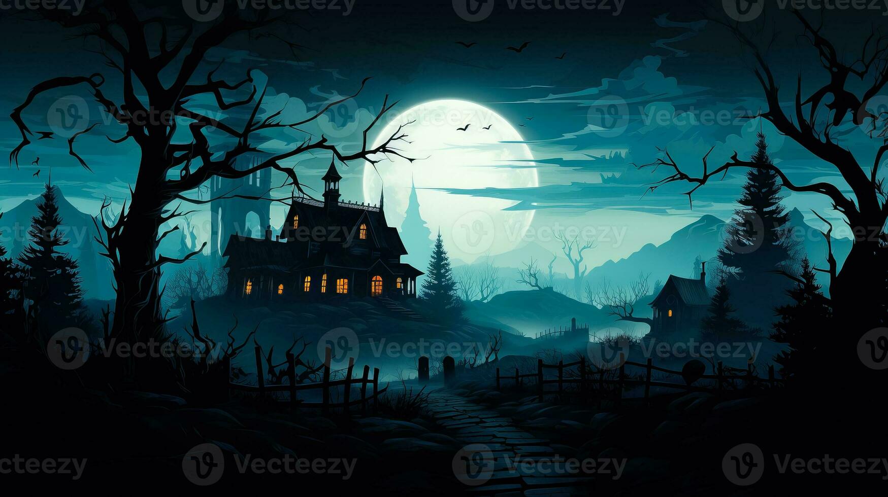 A spooky black silhouette of a haunted house against a full moon evoking mystery and ghostly encounters photo