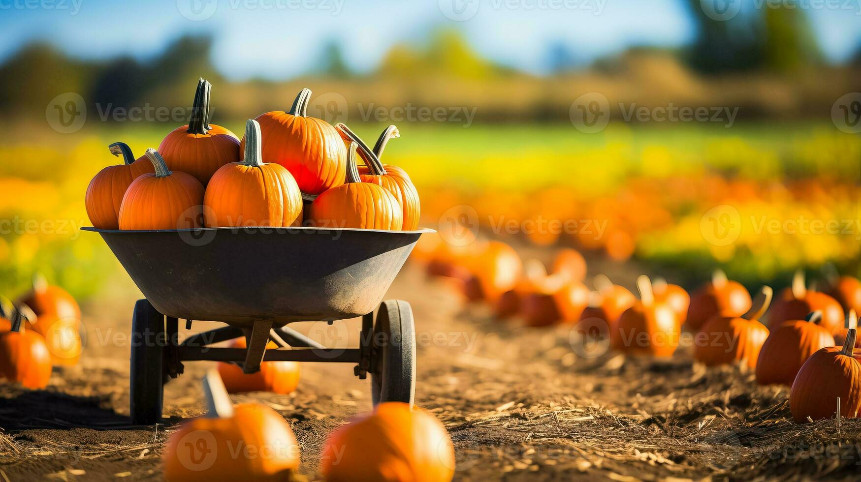 A scenic pumpkin patch with a wheelbarrow filled with colorful pumpkins background with empty space for text photo