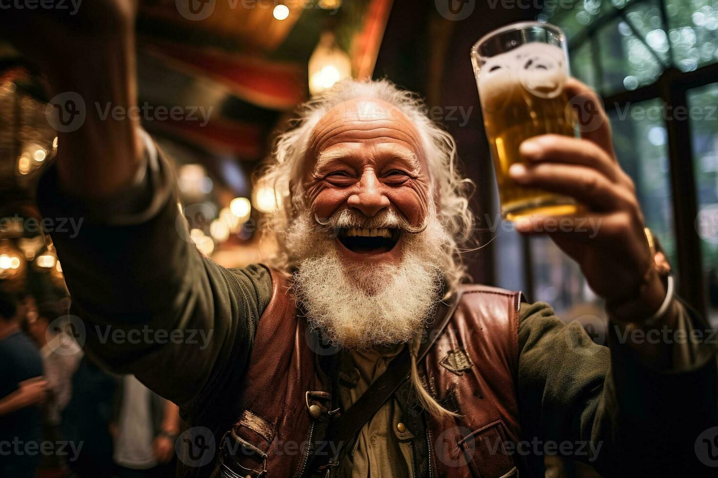Cheers and camaraderie fill the air as revelers raise their steins embodying the lively spirit of Octoberfest photo