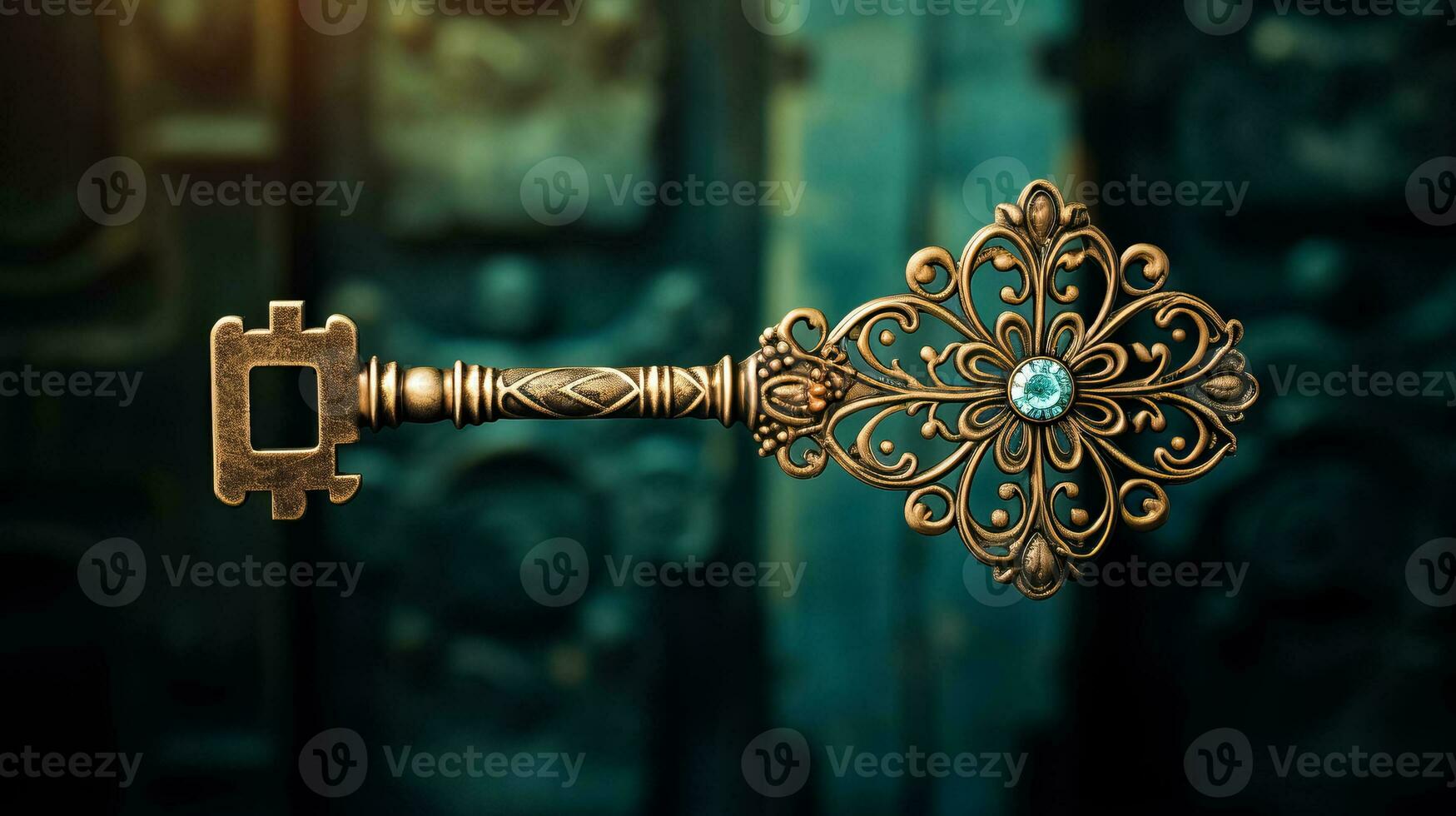 A vintage key with a ghostly aura symbolizing the entryway to mysterious haunted houses during October photo