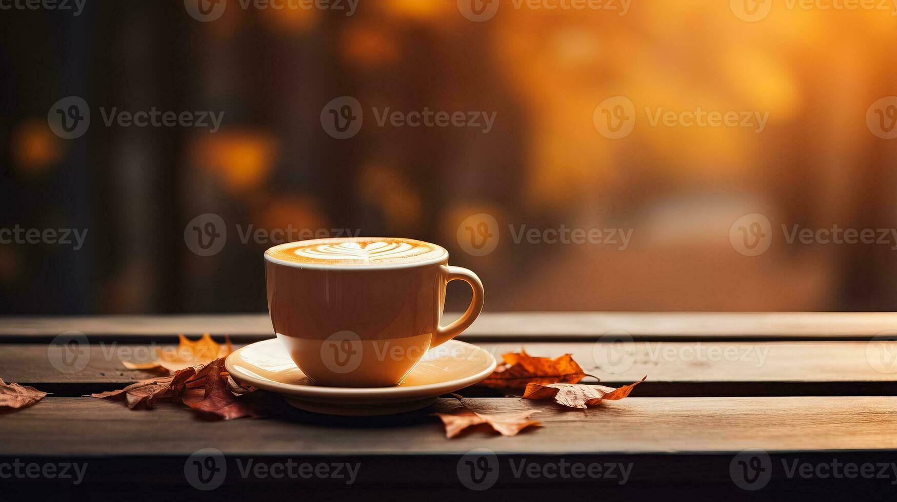 de cerca de un humeante taza de calabaza especia latté en un rústico de madera mesa antecedentes con vacío espacio para texto foto