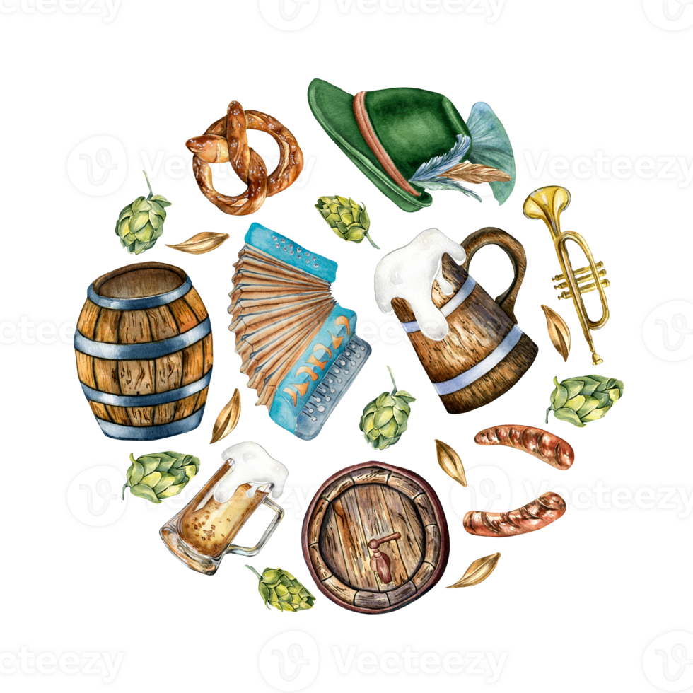 Circle of wooden barrel, pint of beer, German hat, accordion watercolor illustration. Pretzel, trumpet, beer, hops hand drawn. Design for beer festival, mat, wrapping, sticker. png