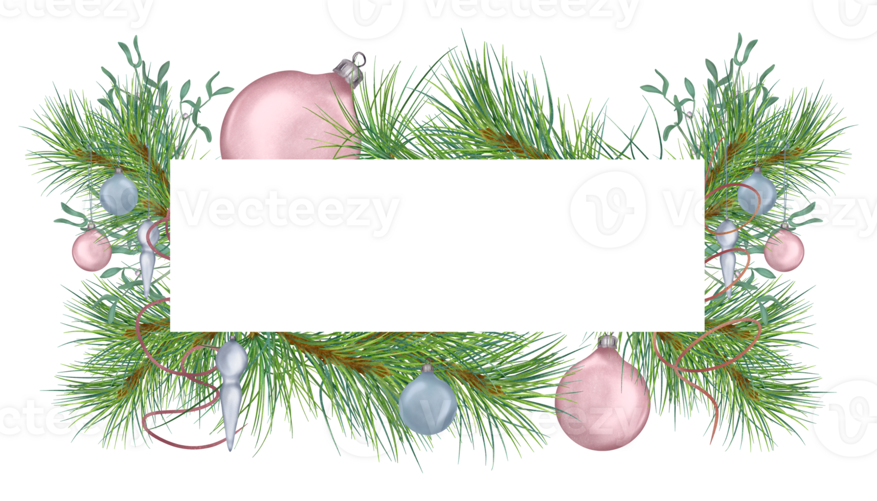 Frame of pine branch with Christmas balls, mistletoe digital watercolor style illustration. Xmas tree decoration hand drawn. Element for card, 2023 new year design, invitation. png