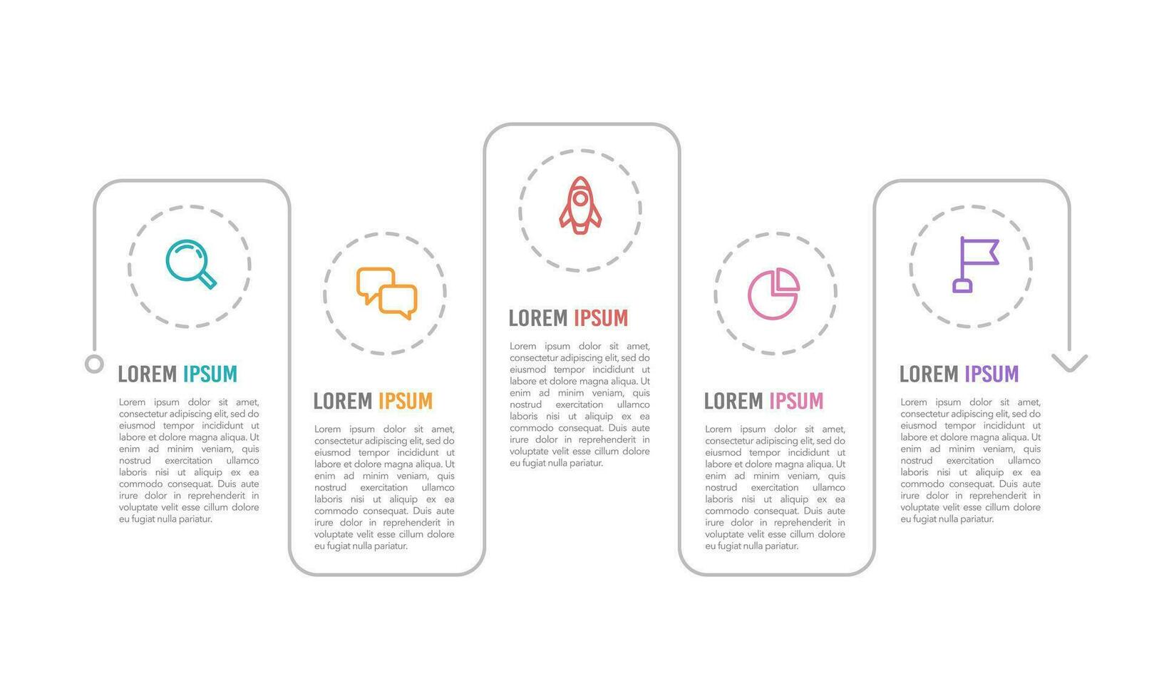 Horizontal infographic timeline 5 steps to success. Milestone, Roadmap, Timeline. Vector illustration.