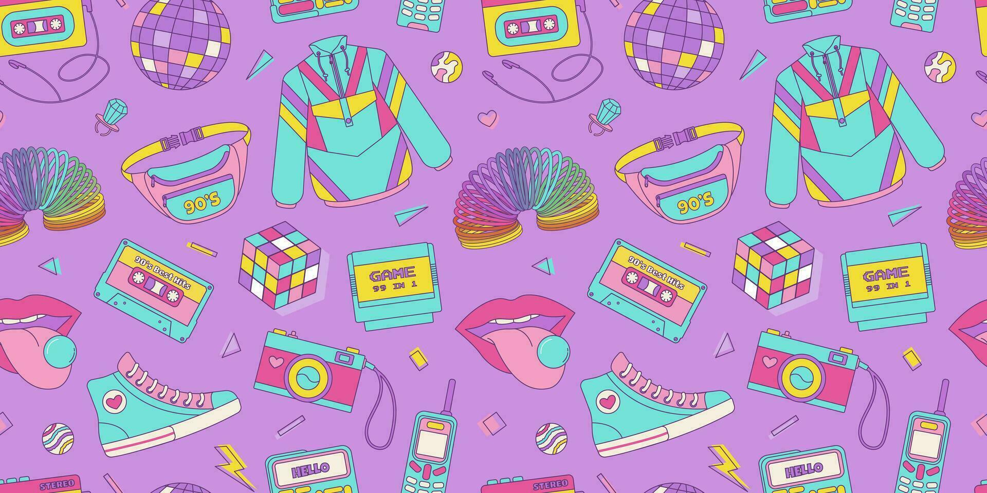 Vintage seamless pattern 80s 90s, cassette, nostalgic items, geometric shapes in Memphis style. Vector retro print on checkered background