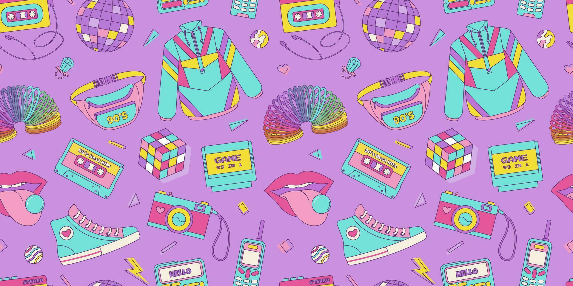 Vintage seamless pattern 80s 90s, cassette, nostalgic items, geometric shapes in Memphis style. Vector retro print on checkered background