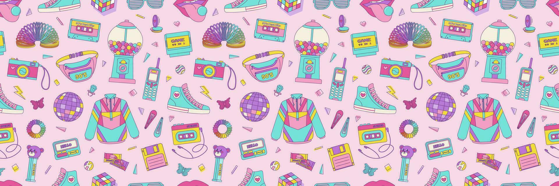 Vintage seamless pattern 80s 90s, cassette, nostalgic items, geometric shapes in Memphis style. Vector retro print in pink background