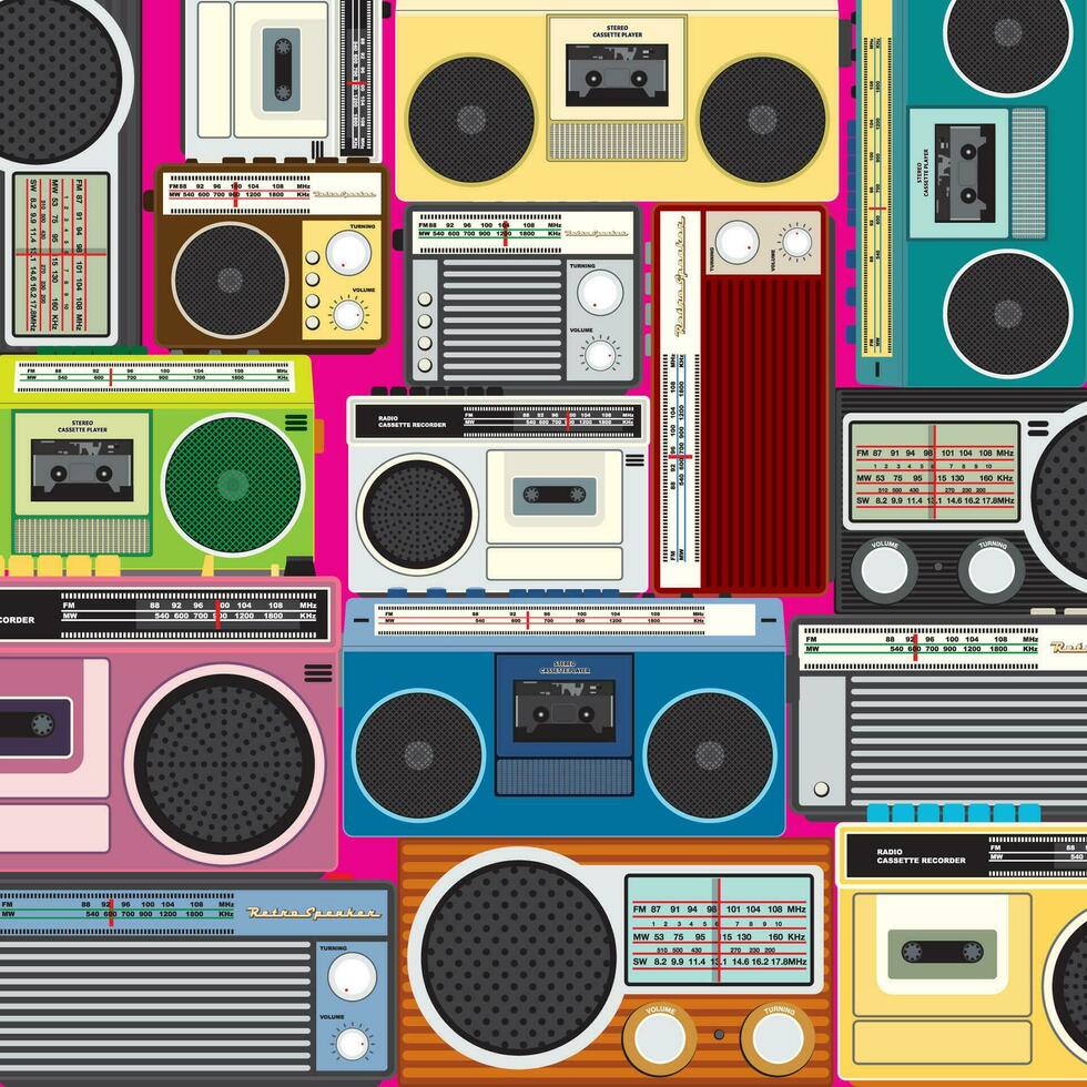 Colorful retro cassette player and radio flat design vector illustration on choking pink background.