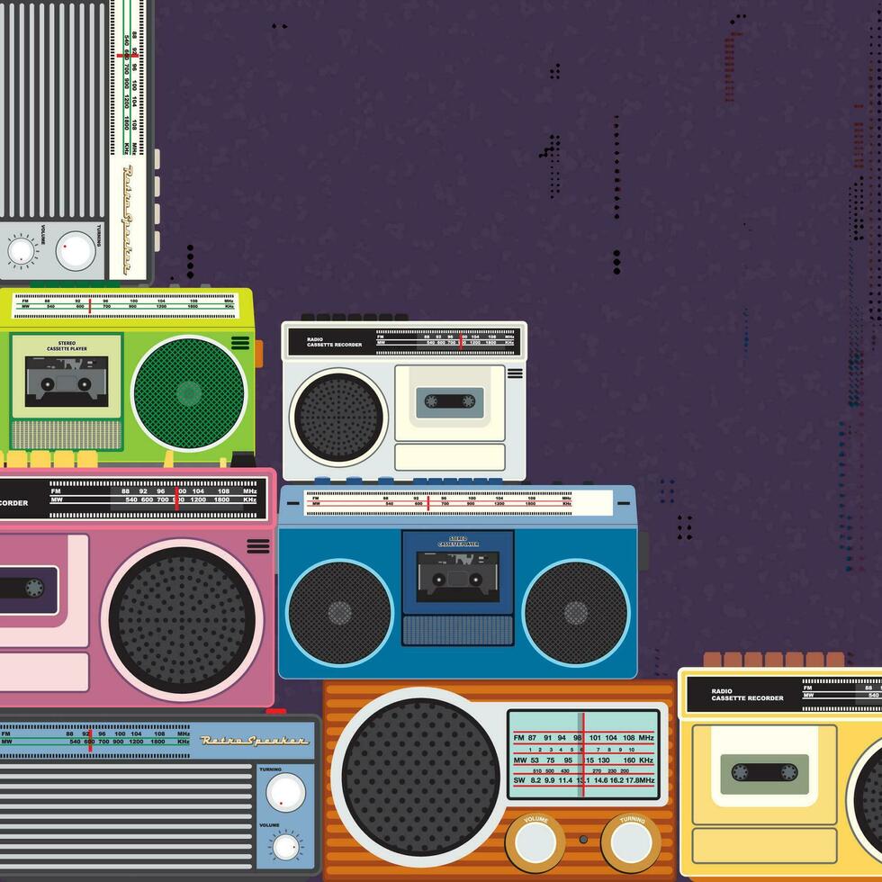 Colorful retro cassette player and radio flat design vector illustration on purple background with risograph printing effect and have blank space.