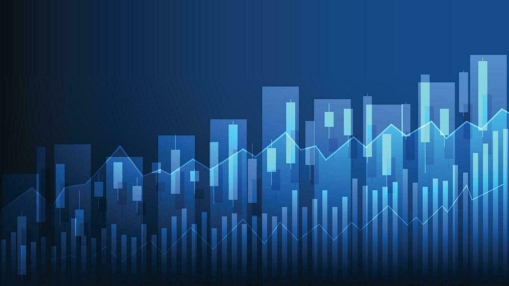 stock market trend with bar chart and candlesticks on blue background vector