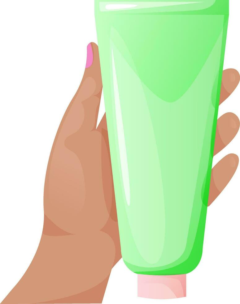 Female hand holds tube of cream.   Daily organic cosmetics. Vector illustration isolated on white background
