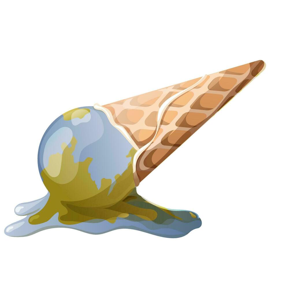 Melting earth icecream cone for global warming. Planet Earth are melting like icecream. Colorful Vector illustration isolated on white background