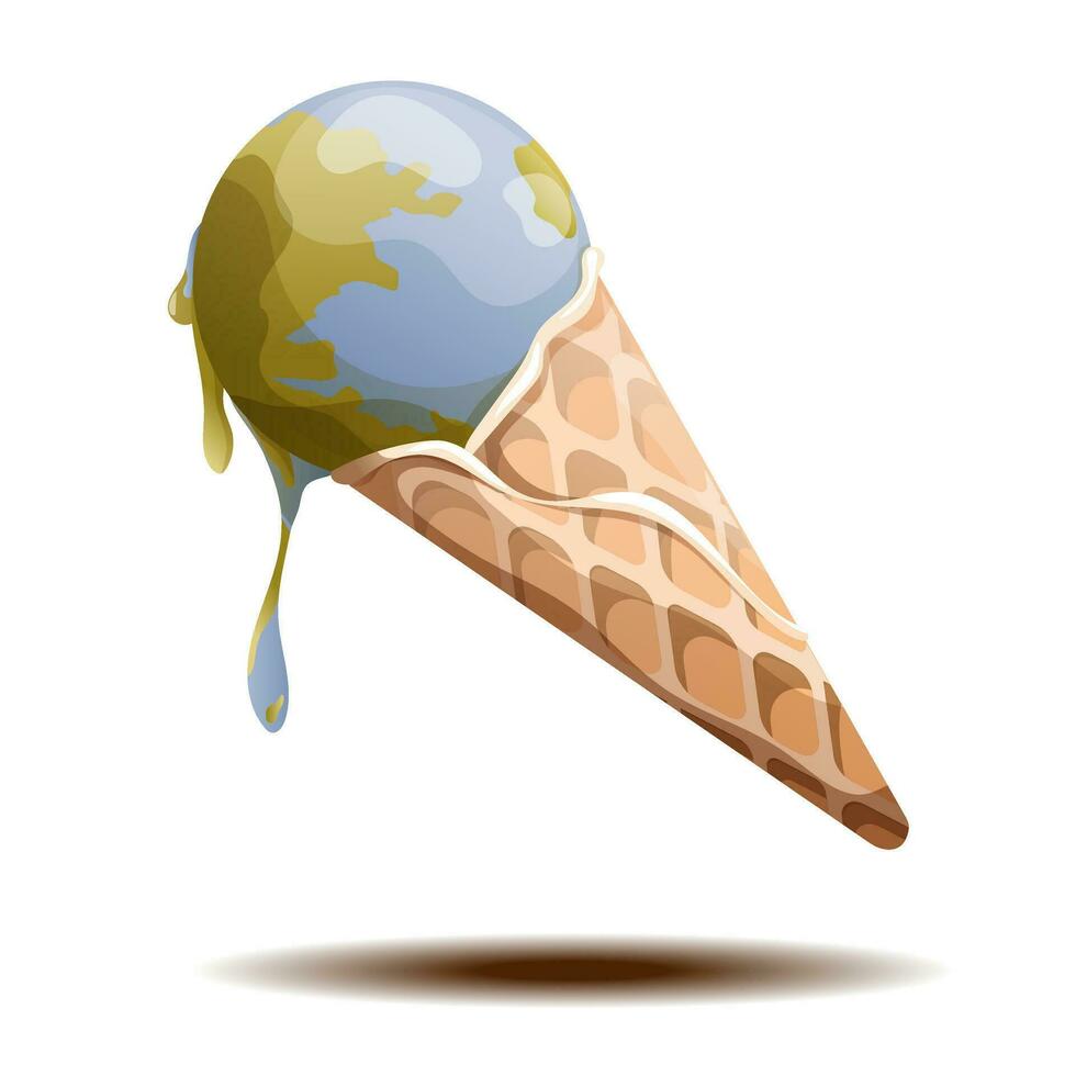 Melting earth icecream cone for global warming. Vector illustration isolated on white background.