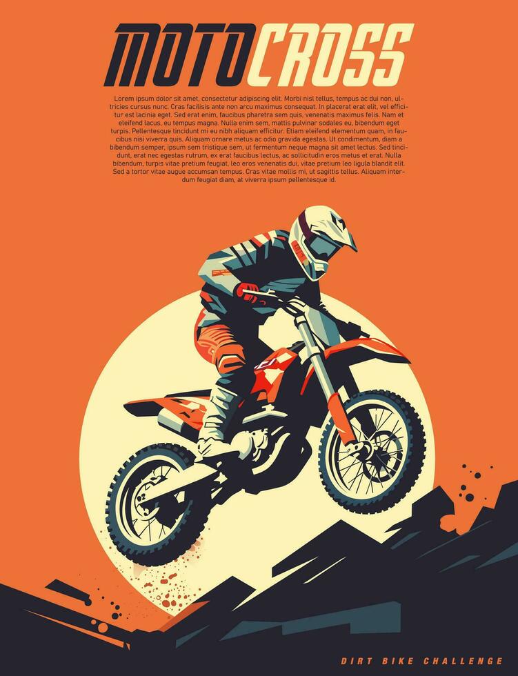 aventurero motocross jinete altísimo a puesta de sol. vector Arte