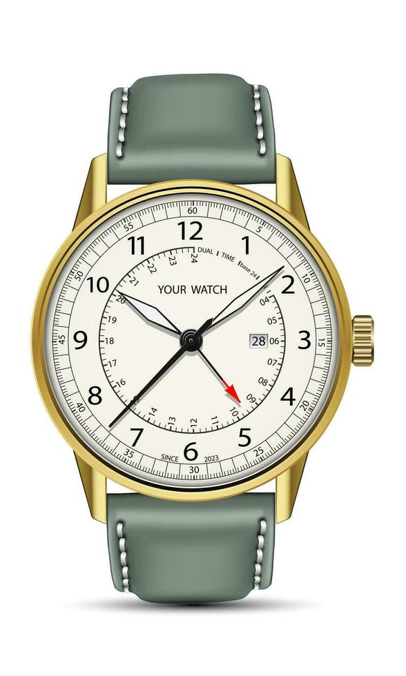 Realistic watch clock chronograph face gold pastel green leather strap on white design classic luxury for men vector