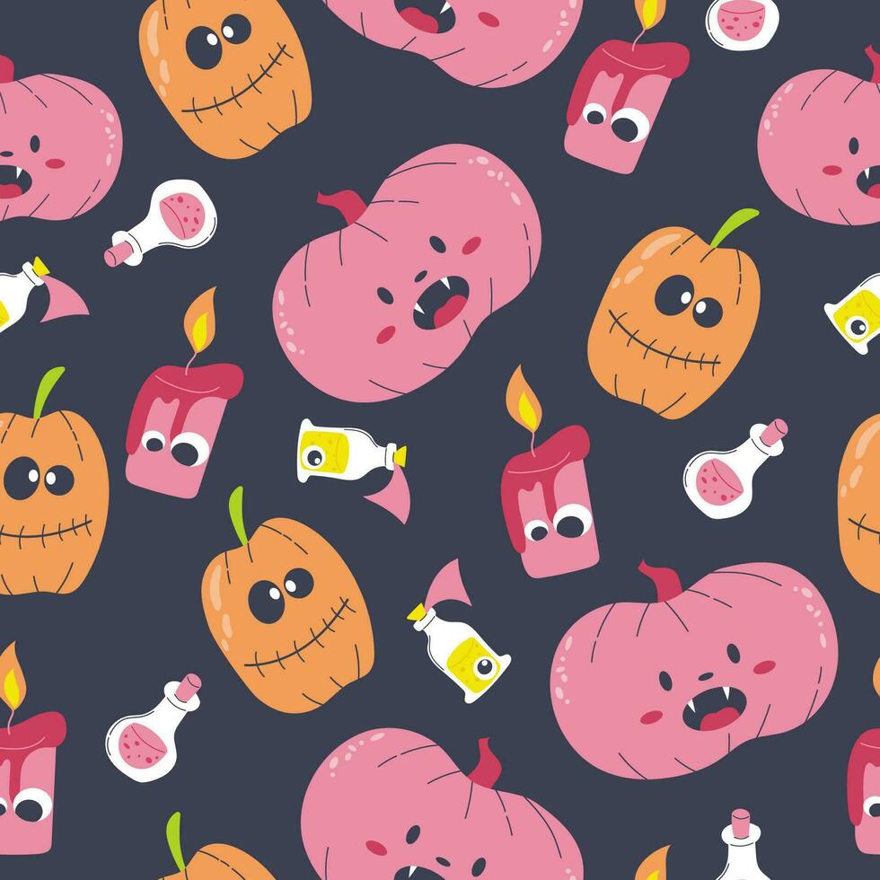 Colourful seamless pattern for Halloween. Square design with smiling pumpkin, candle and potion. vector