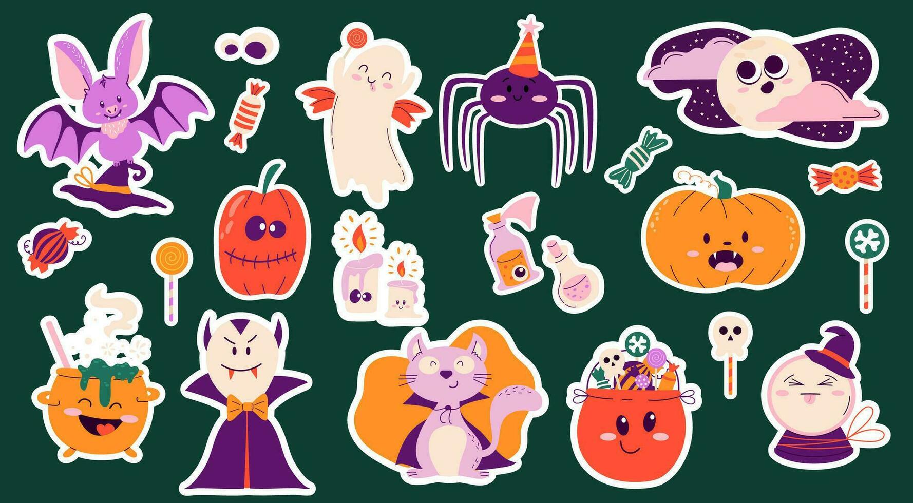 Colourful handdrawn Halloween mascot characters sticker set. Creepy pumpkin, happy cauldron, shy candle, smiling ghost and spider, moon, little bat, candies and potion bottles. vector