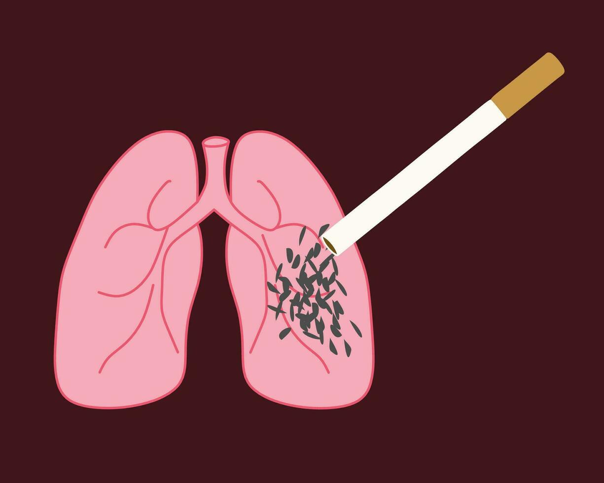 Ashes from a cigarette in the lungs. Vector Flat illustration on dark background. The body organ is like an ashtray. Danger of smoking, anti-smoking company Poster, Banner, Flyer, Placard.