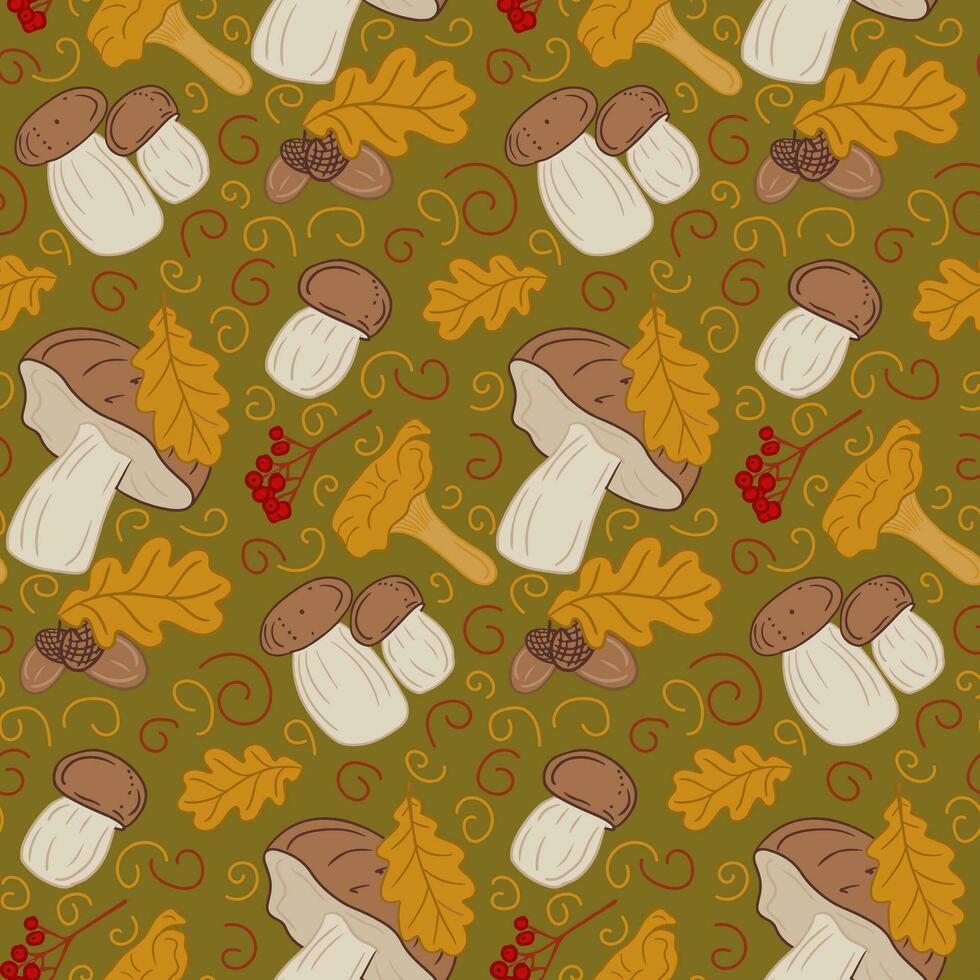 Flat hand drawn autumn mushroom seamless pattern. Cartoon nature design. Isolated flat vector oak leaves and boletus with red berries. Ideal for decoration, textile, wrapping paper