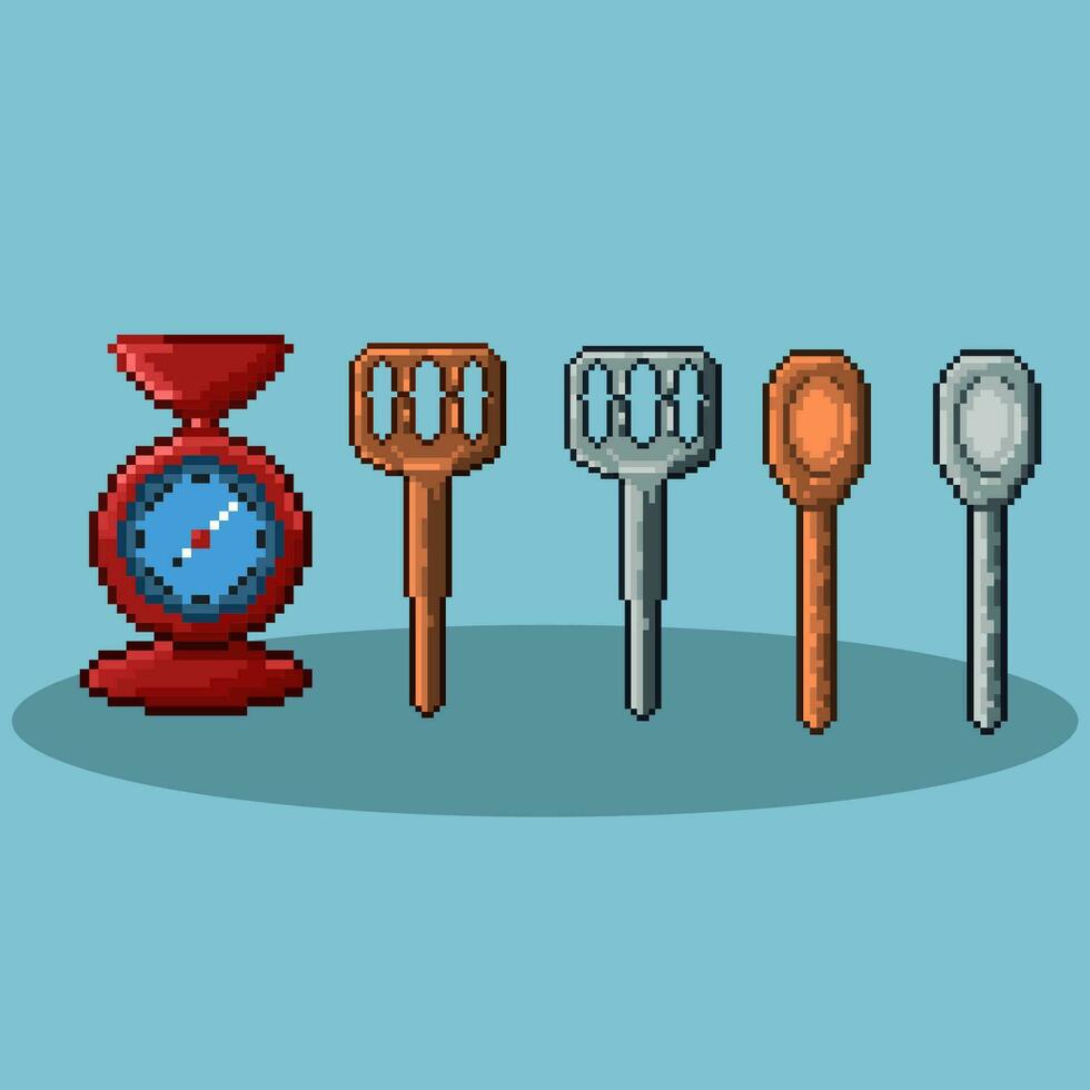 Pixel art sets of kitchens items.red scales,wood and silver spoon,wood and silver spatula. Pixel art,8bits perfect for game asset or design asset element for your game design asset. vector