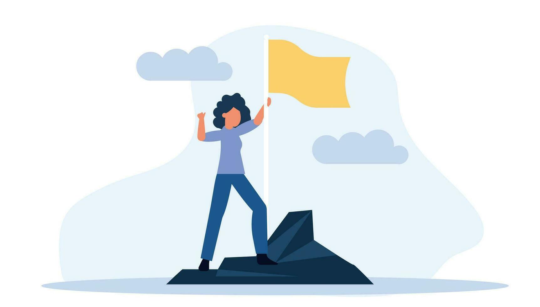 Woman climbed to the top mountain with flag flat illustration achievement concept. Business goal leadership career winner. Climb growth employee motivation vision. Up hill direction challenge peak vector