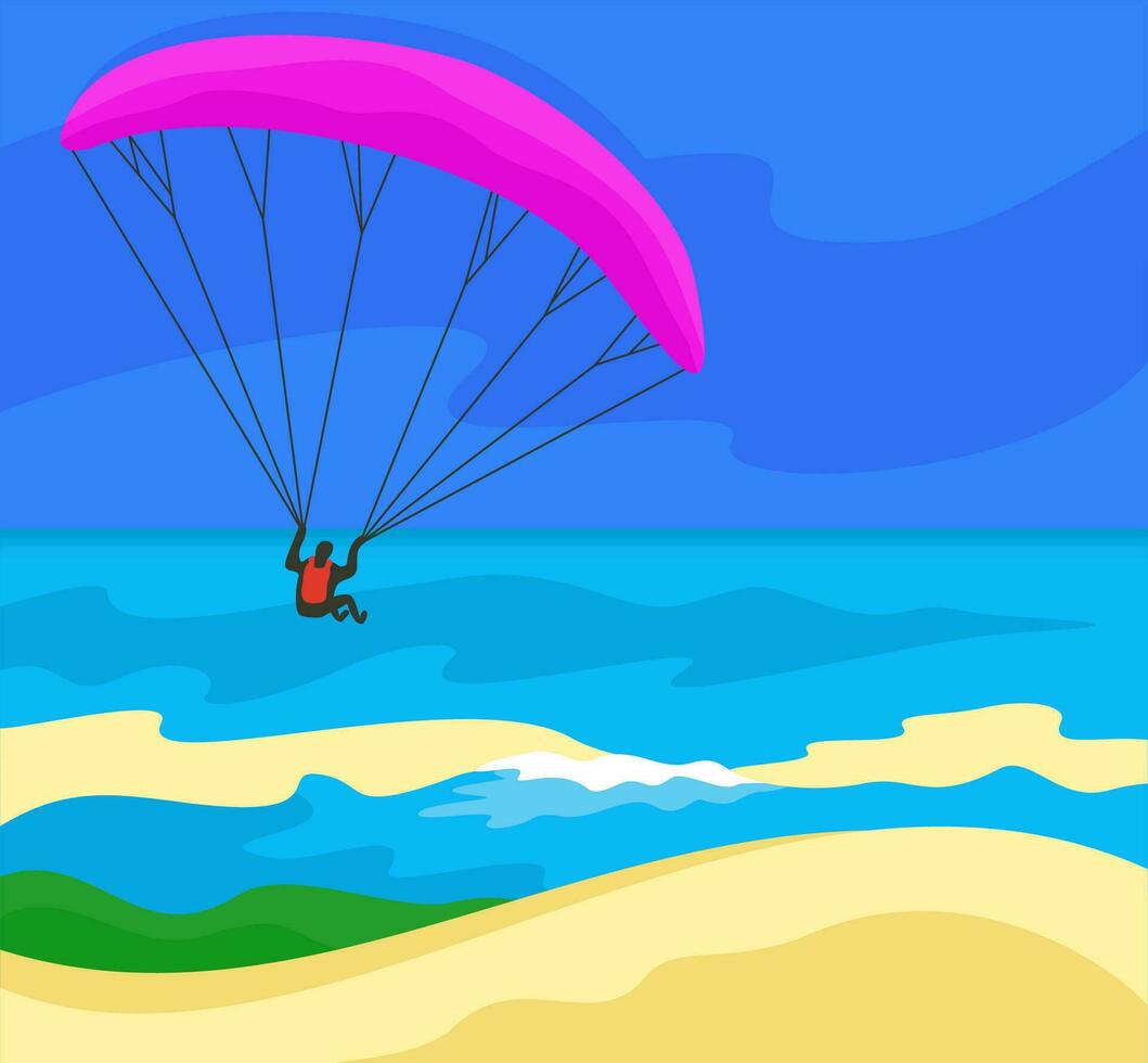 paracaídas. hombre volando en paracaídas terminado el mar y enorme arenoso duna. parapente concepto. vector