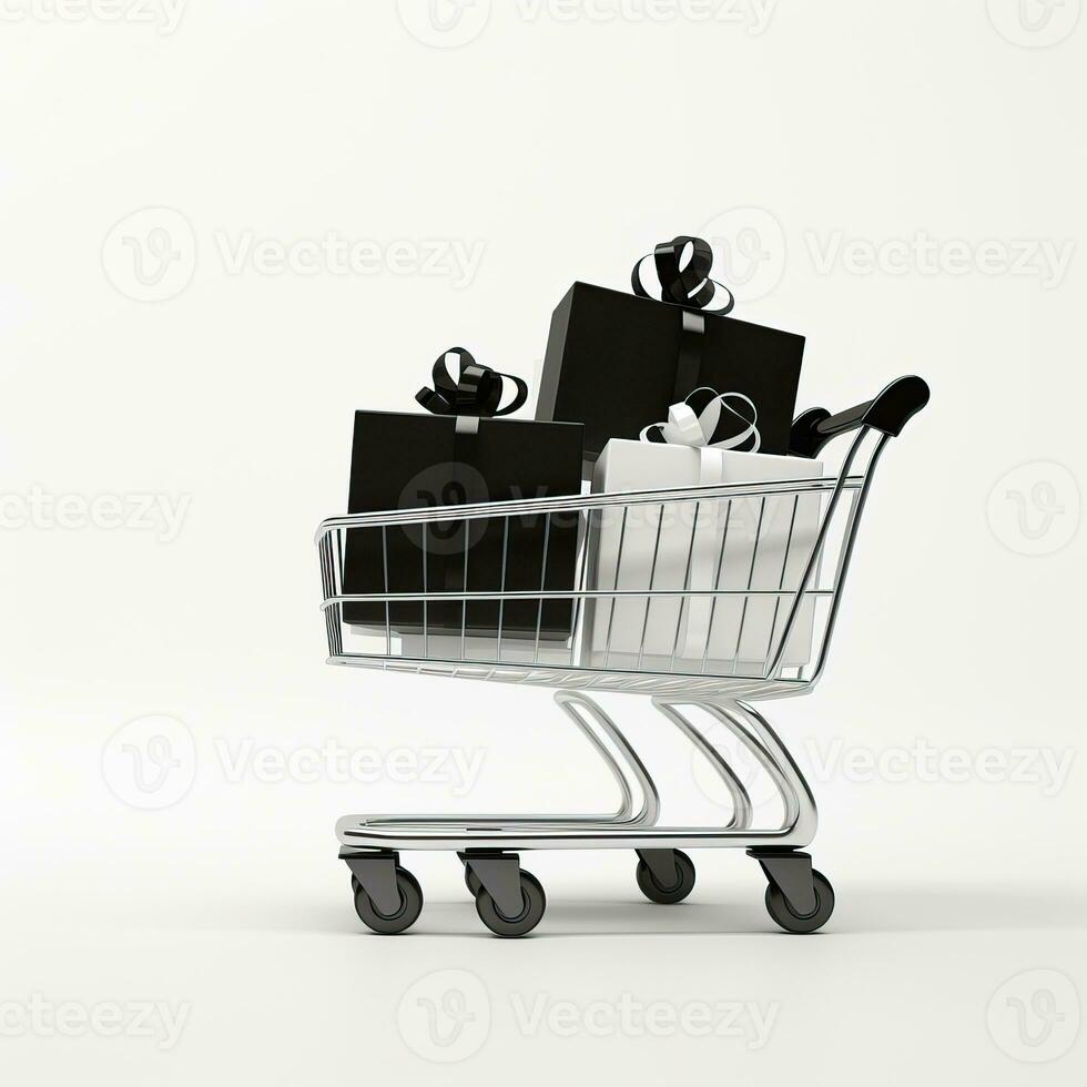 Black Friday with white background, shopping cart and gift box high quality ai generated image photo